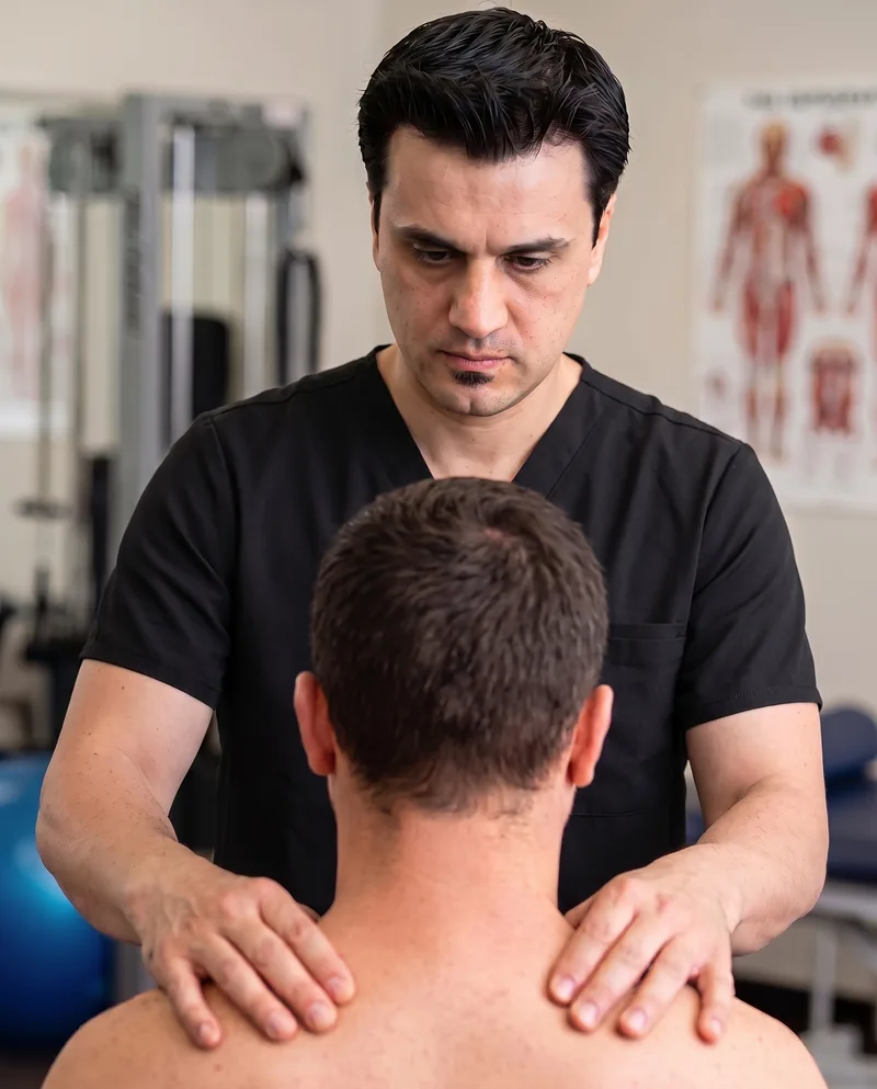 Nabil Lahlouh realizando una técnica de palpación cervical en consulta